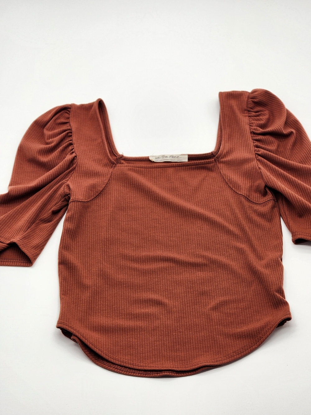 We The Free Free People Women’s Large Rust Ribbed Puff Sleeve Square Neck Top